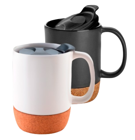 Taza de café con tapa, y parte inferior de corcho. Colores blanco y negro, 11.8 oz